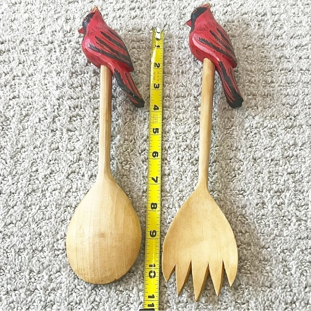 Wooden Salad Serving Set Cardinal Bird Utensils Fork Spoon Farmhouse Cottage